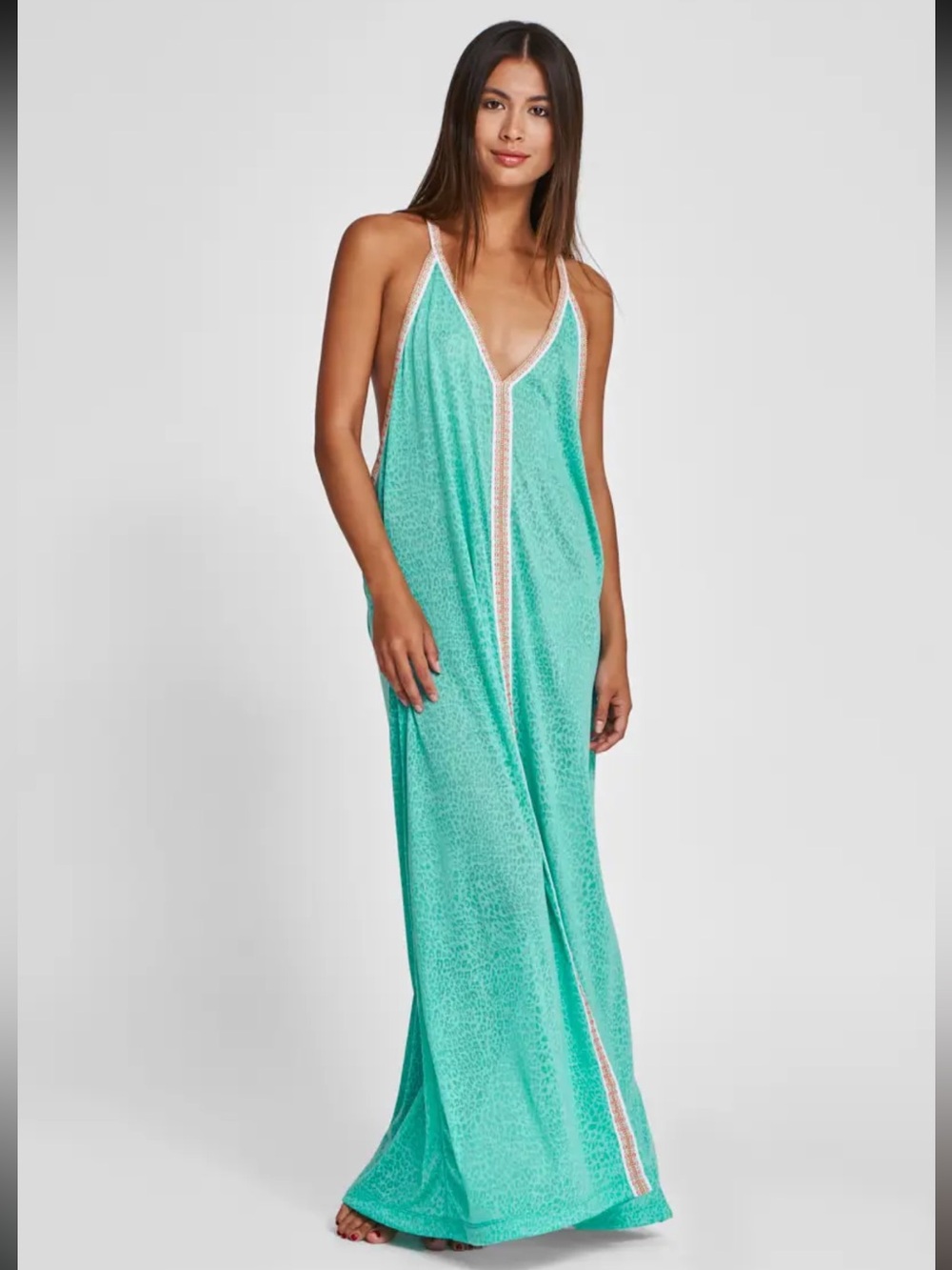 Pitusa Teal Maxi Swim Cover-Up with Contrast Trim